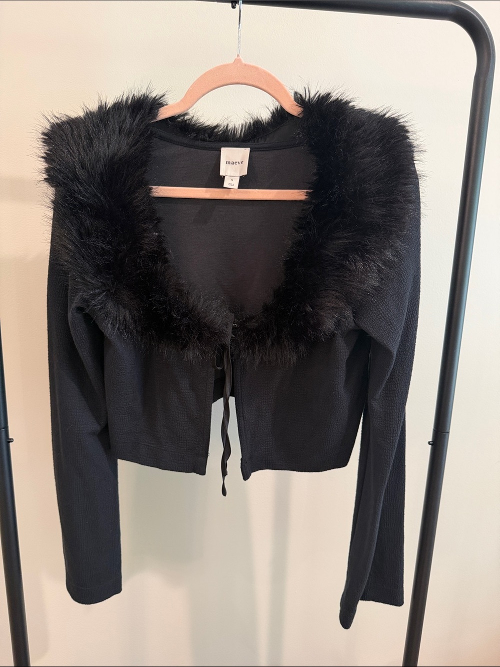 Maeve Black Faux Fur-Trim Tie Front Cropped Cardigan